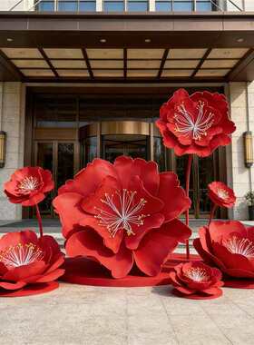 红色牡丹花EVA户外发光仿真花