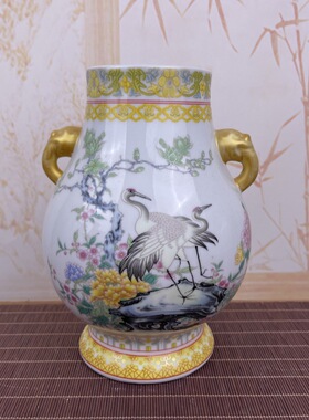 陶瓷夜光双耳福筒花瓶插花器客厅家居装饰品摆件书房博古架摆设品