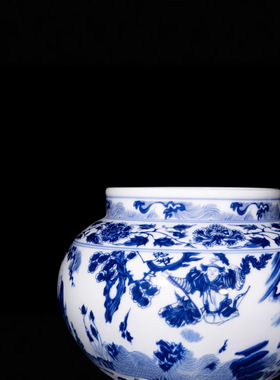 景德镇青花瓷聚宝盆新中式青花鬼谷子下山摆件中式家居工艺装饰品