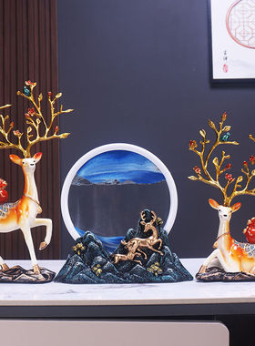 流沙画沙漏鹿摆件客厅电视柜酒柜玄关装饰品乔迁新居礼品结婚礼物