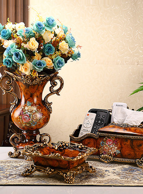 欧式复古花瓶摆件客厅插花轻奢高档美式电视柜玄关装饰品干花花艺