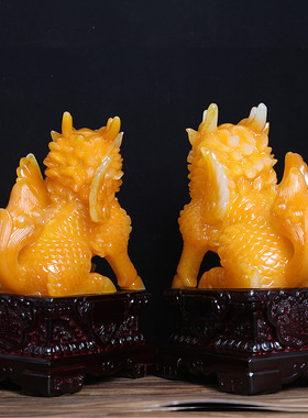 招财麒麟摆件一对公母麒麟中式家居风水开运办公室装饰品开业礼品