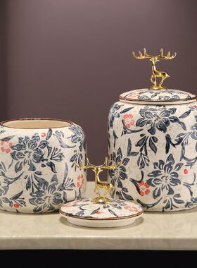 青花瓷花瓶陶瓷摆件新中式客厅博古架装饰品高档干花家居装饰摆设