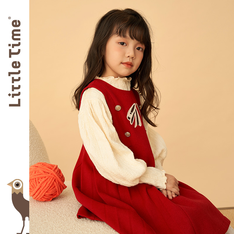 littletime女童毛呢裙连衣裙儿童新年红色拜年服中大童秋冬背心裙