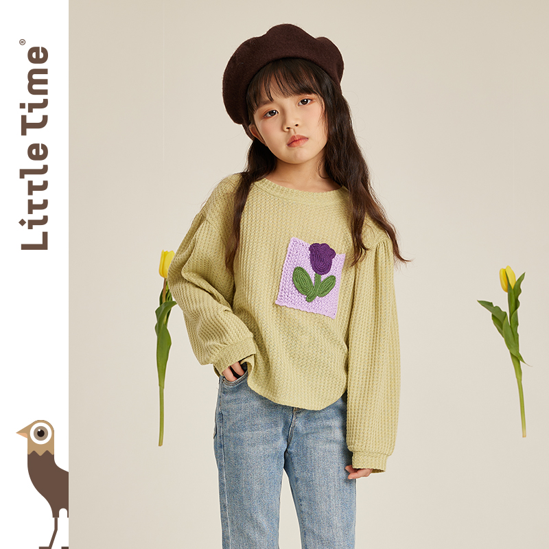 littletime女童长袖t恤打底衫春秋2023新款韩版宽松慵懒风针织衫