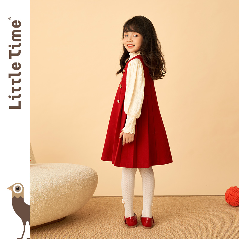 littletime女童毛呢裙连衣裙儿童新年红色拜年服中大童秋冬背心裙