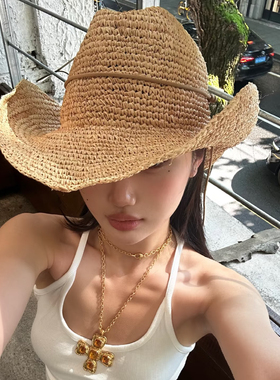 辣妹肯豆风爵士顶牛仔草帽绑带大帽檐海边遮阳防晒度假沙滩帽子女