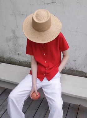 Ins博主春夏出游小众法式草编帽白色遮阳草帽平檐手工编织帽子女