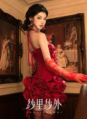 万圣节cos哥特红色头纱复仇新娘结婚礼服秀禾蕾丝遮面盖头亚文化