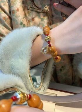 女士手持手串橄榄天然草里葫芦手串搭配朱砂手持藏式文玩乌盒男女