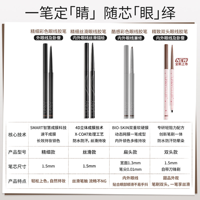 UNNY眼线胶笔双头刀锋刷卧蚕笔顺滑不易晕染新手初学者眼线笔
