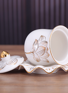 陶瓷描金莲花圣水杯供佛杯