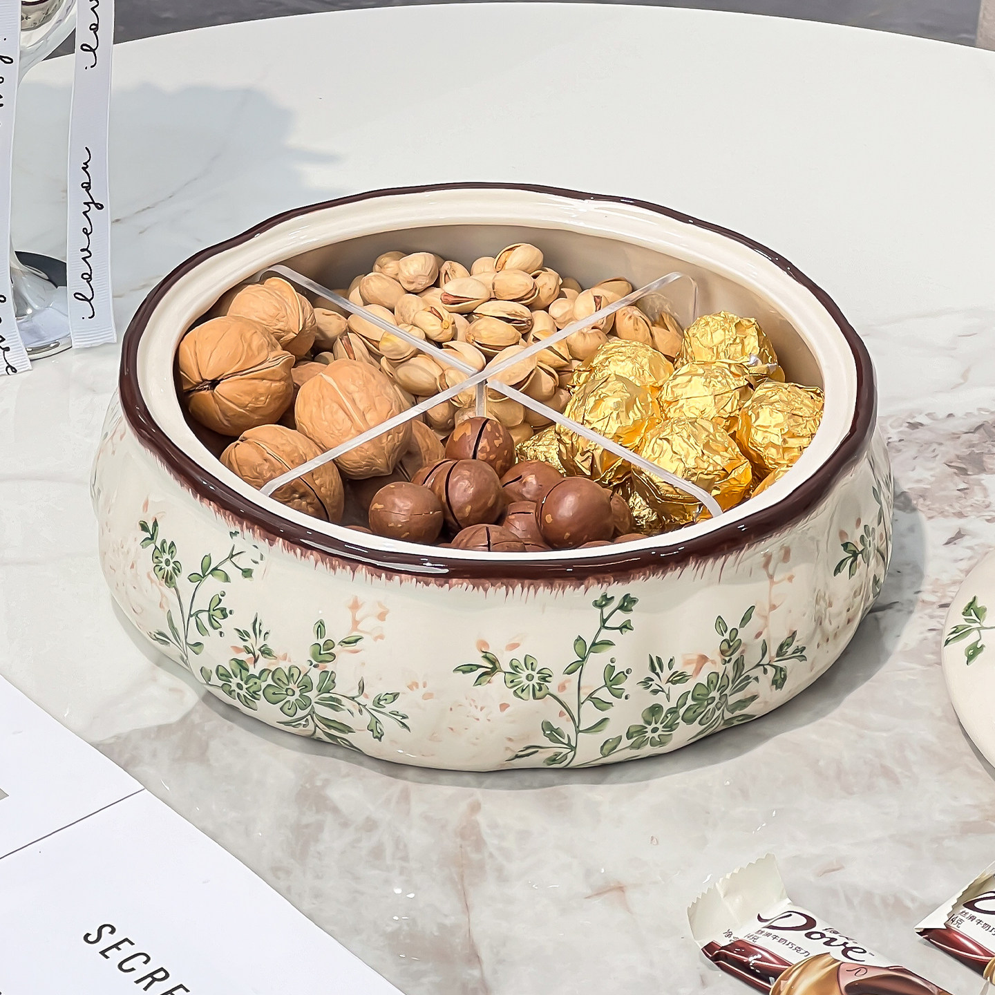 繁花似锦干果盘分格带盖茶几坚果糖果盒陶瓷乔迁之喜果盘高端精致,淘宝优惠券,粉丝福利购,淘宝优惠卷