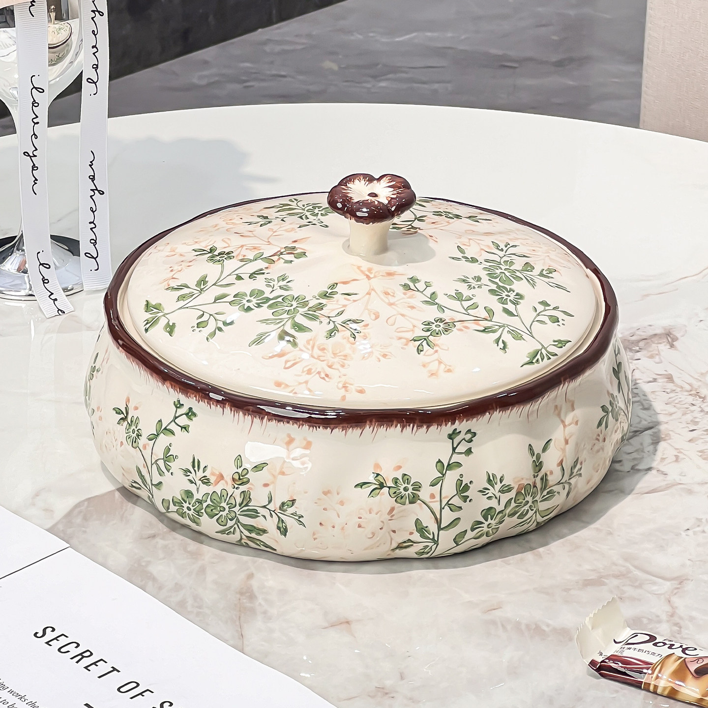 繁花似锦干果盘分格带盖茶几坚果糖果盒陶瓷乔迁之喜果盘高端精致,淘宝优惠券,粉丝福利购,淘宝优惠卷