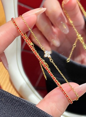 「四叶草红绳」S999纯银手链手作