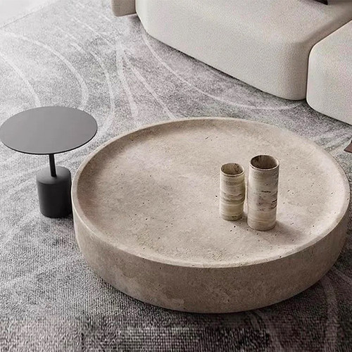 侘寂风圆形洞石茶几现代客厅家用咖啡桌简约设计师创意大理石矮几 - 图1