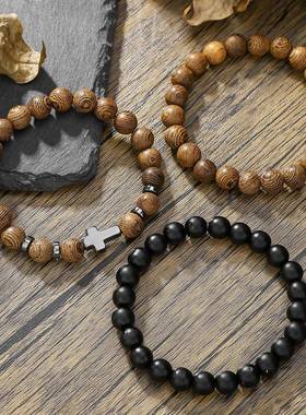 Hot-selling men's cross wooden bead elastic bracelet set男士