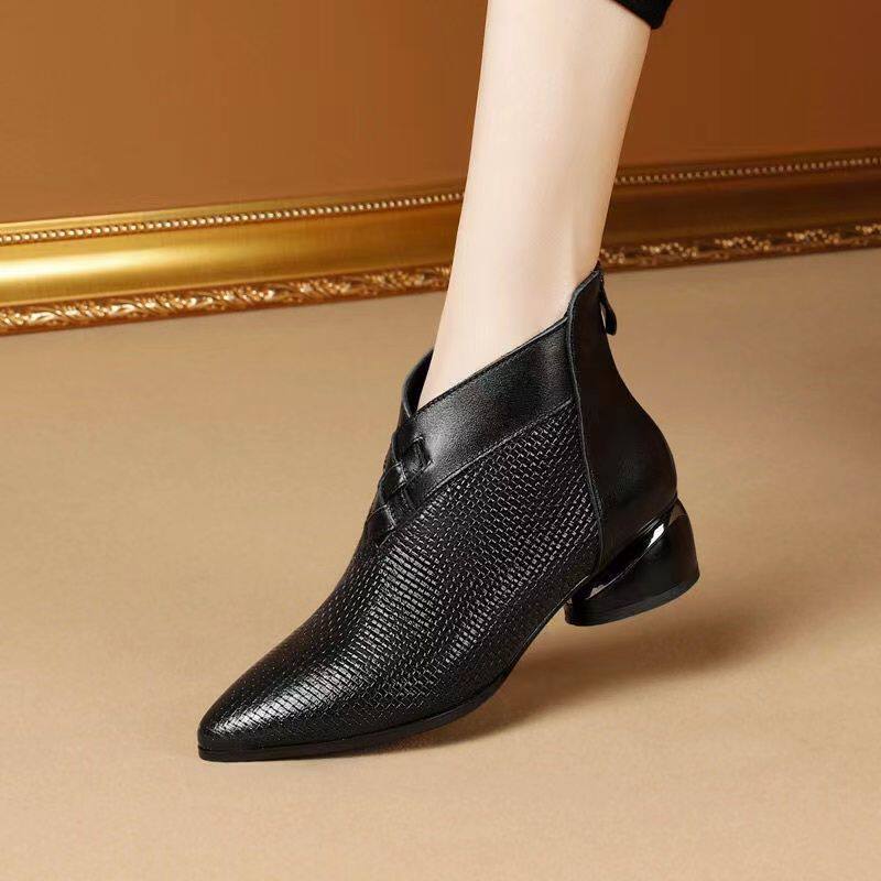 品牌真皮粗跟短靴女2025新款气质低跟尖头马丁靴冬季加绒保暖棉靴,淘宝优惠券,粉丝福利购,淘宝优惠卷