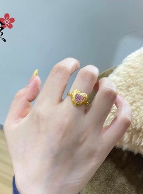 2026古法沙金项链 轻奢拉丝爱心粉锆套装戒指女小众轻奢锁骨链高