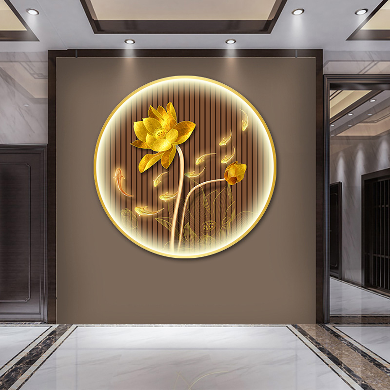 九鱼图招财挂画新中式圆形装饰画玄关带灯墙画led发光壁画锦鲤图 - 图2