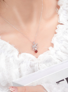S925纯银项链女镶嵌石榴石橄榄石吊坠蝴蝶结铃兰花小众饰品