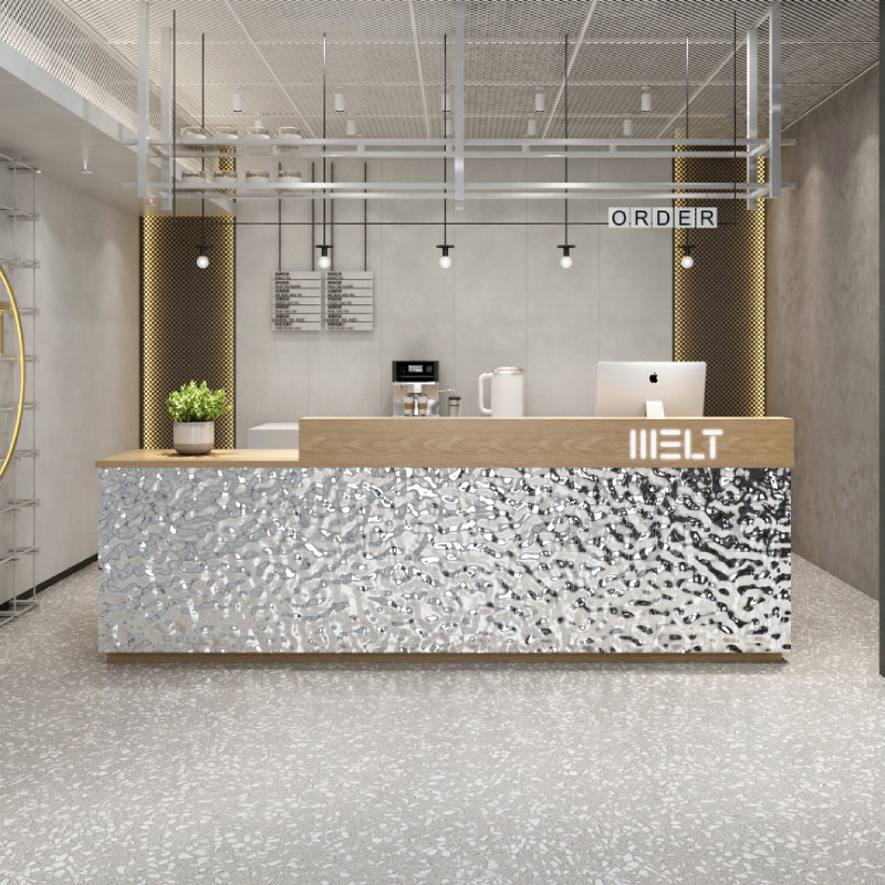 服装店收银台柜台简约现代奶茶店吧台水波纹不锈钢餐厅前台接待台