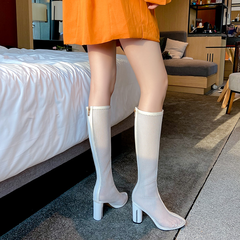 朴履良坊旗舰店性感网纱女鞋白色长靴子粗高跟网靴女夏镂空罗马高筒凉靴长筒凉鞋3