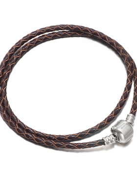 跨境纯色皮革手链牛皮手工编织皮绳双圈手环金属夹扣多色百搭