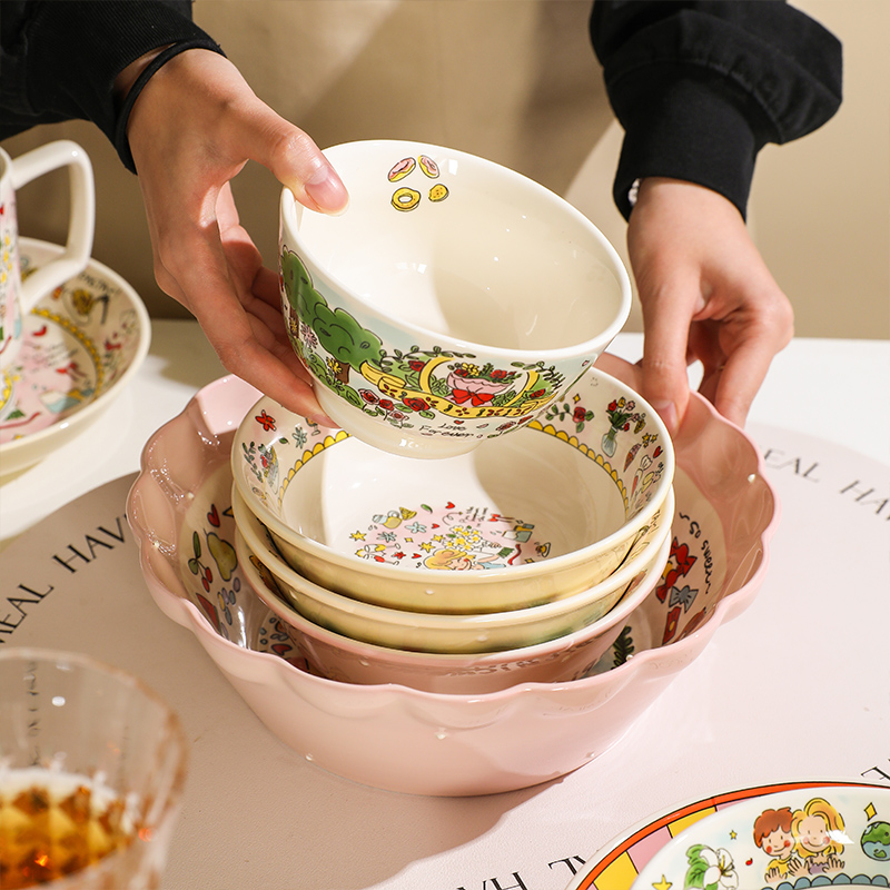 TINYHOME奶油女孩家用卡通可爱陶瓷餐具2023新款饭碗汤碗盘子杯子 - 图1