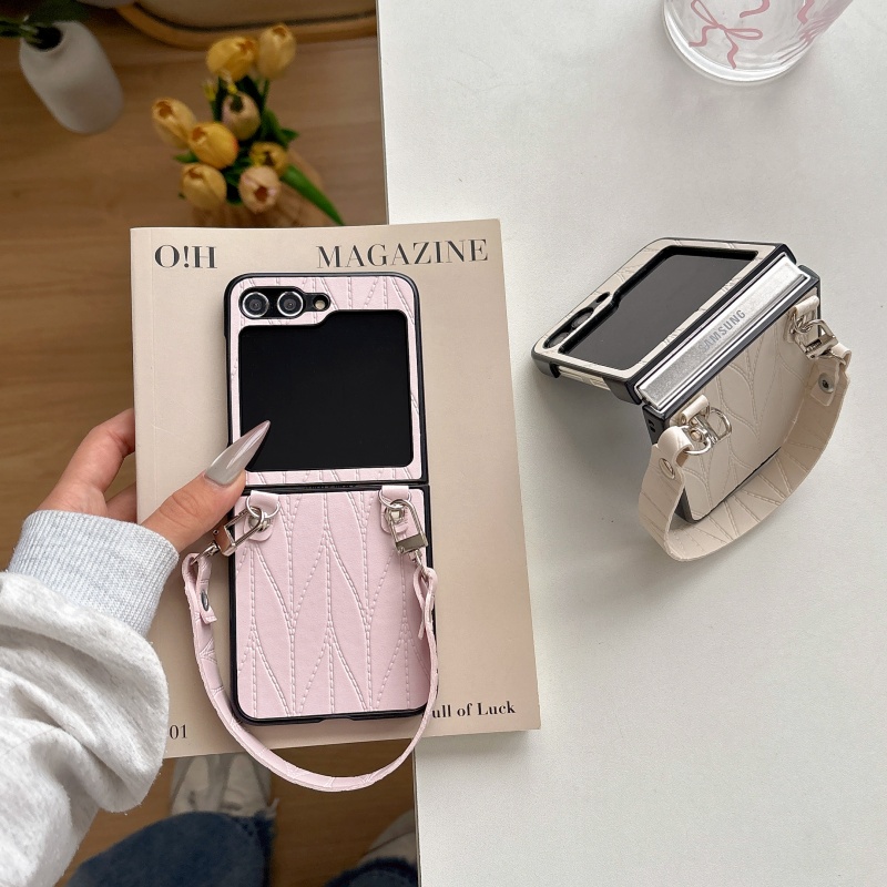 适用于三星ZFlip6手机壳折叠屏保护套高级感新款zflip5郁金香花纹手链女zflip4/3手提绳高档全包防摔套皮质壳 - 图1