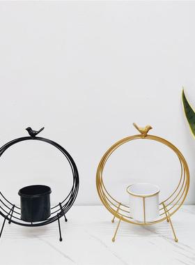 铁艺小鸟圆环花器金色黑色创意插花摆件发财红果仿真花装饰空福桶