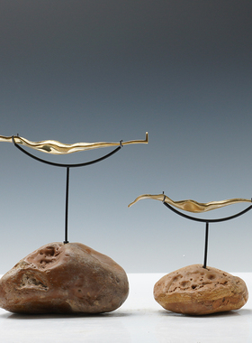 现代新中式金属石头摆件样板间茶室酒店艺术客栈玄关禅意软装饰品