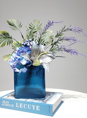 现代轻奢高端蓝色仿真花艺摆件花束客厅插花花瓶餐桌面假花装饰品