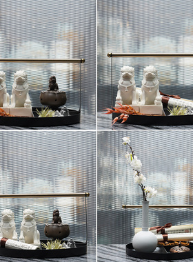 新中式圆形托盘套装样板间展厅桌面饰品茶室茶几提篮组合软装摆件