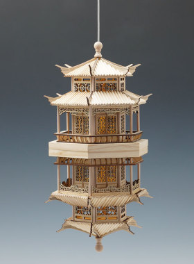 新中式创意双层凉亭镜像木雕吊装饰带灯可发光古建筑模型民宿挂件