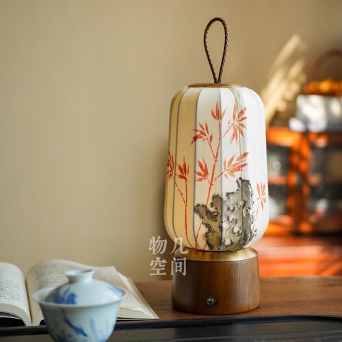 物几中式手绘洒金竹影茶桌台灯装饰移动无线灯充电触摸氛围手提灯 - 图1