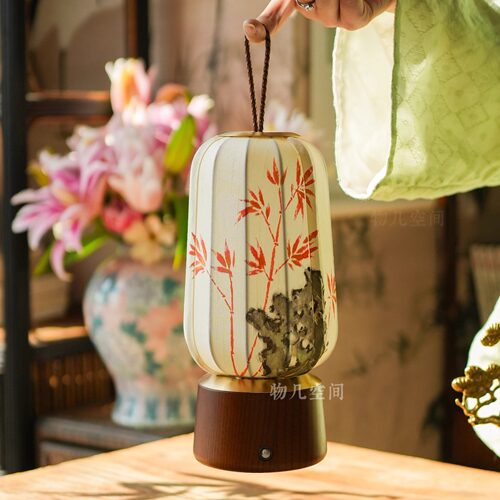 物几中式手绘洒金竹影茶桌台灯装饰移动无线灯充电触摸氛围手提灯 - 图0