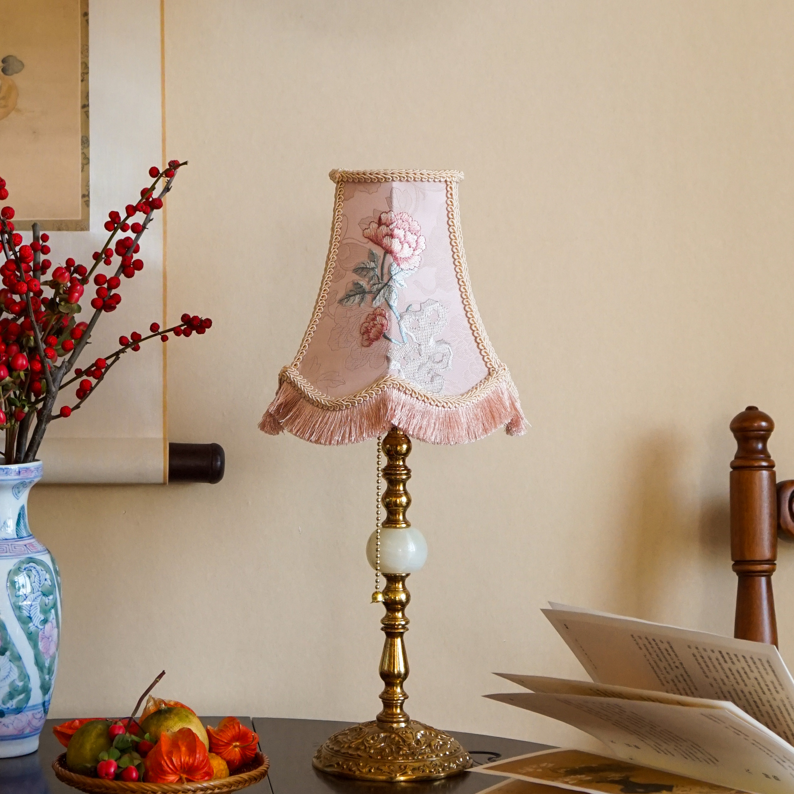 物几原创 新中式牡丹游园法式中国风黄铜中古vintage少女床头台灯