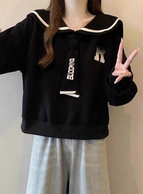 海军领长袖卫衣女爆款春秋2026新款大码胖mm设计感洋气学院风上衣