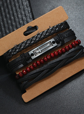 跨境热销饰品简约手工编织十字架皮革手链创意diy4件套组合手镯