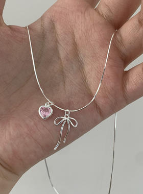 sweetbones芭蕾少女s925纯银新款蝴蝶结粉色爱心项链