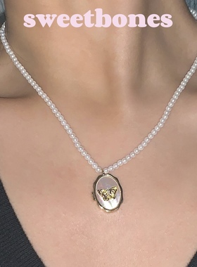 sweetbones珍珠贝壳蝴蝶可打开相册项链辣妹饰品ins