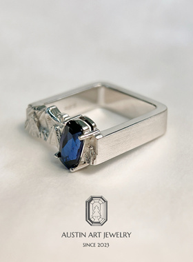 AUSTIN翱森·跨越山海 中性风戒指 培育蓝宝石 拉丝工艺银镀18K金