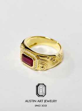 AUSTIN翱森·复古祥云雕金红宝石戒指 男戒 培育红宝石 银镀18K金