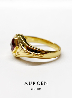 AURCEN翱森·金章绅士 复古印章戒 男戒 培育红宝石 S925银镀金