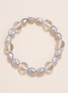 小立交灰蓝光巴洛克淡水珍珠手链女真天然白水晶手串原矿送人礼物