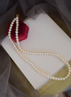 小立交 强光5.5-6mm近圆淡水珍珠项链14K包金锁骨链轻奢复古颈链