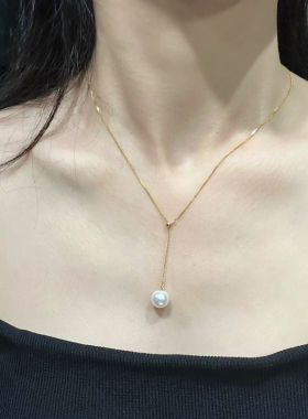 小立交 8-9mm正圆淡水珍珠项链女14K包金Y字锁骨链2025年气质百搭