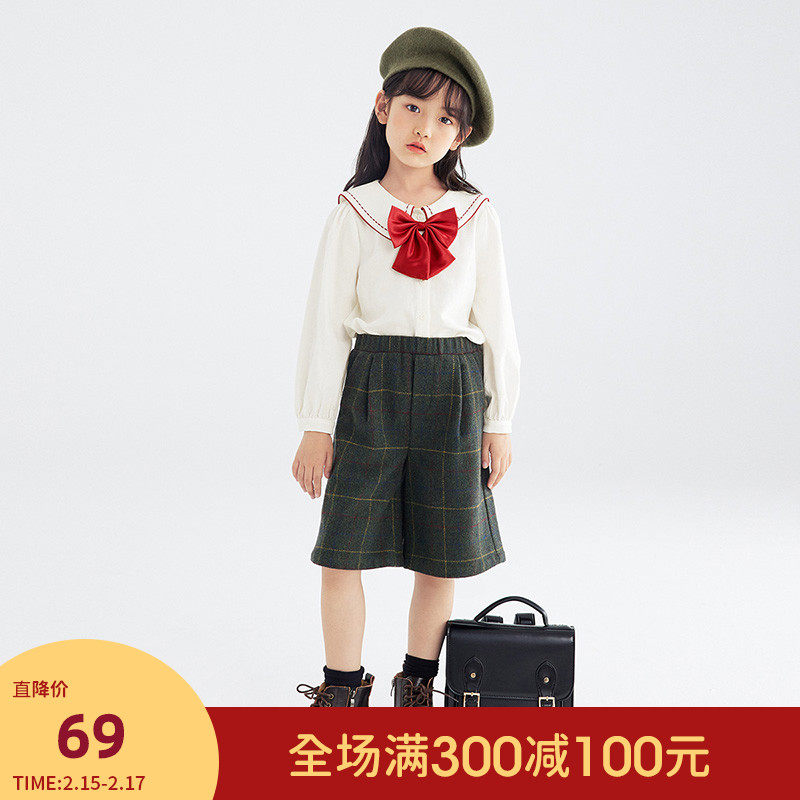 茵曼童装2021小学生领结长袖白衬衫 茵曼致汇衬衫