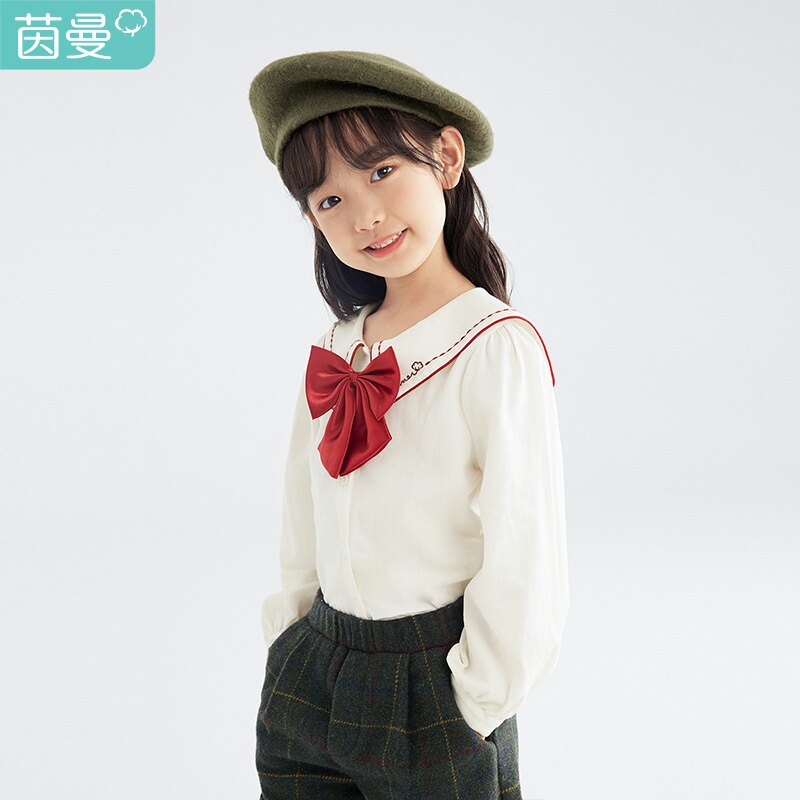 茵曼童装2021小学生领结长袖白衬衫 茵曼致汇衬衫